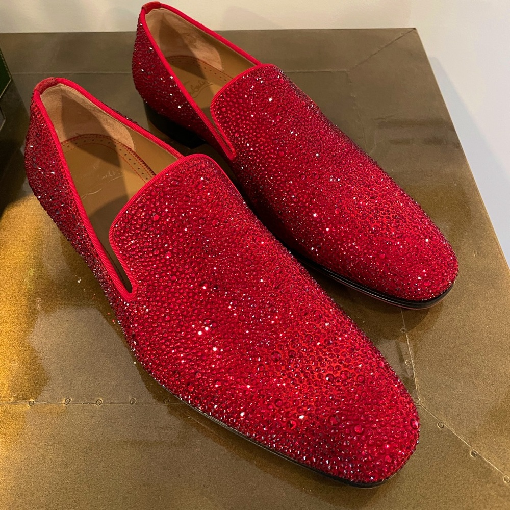 CHRISTIAN LOUBOUTIN / MENS DANDELION STRASS FLAT / VEAU VELOURS/GG RED FLAMENCO